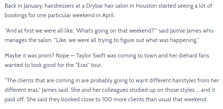 一篇文章的屏幕截圖,其中企業正在討論如何在泰勒·斯威夫特 (Taylor Swift) 演唱會周末吸引更多顧客