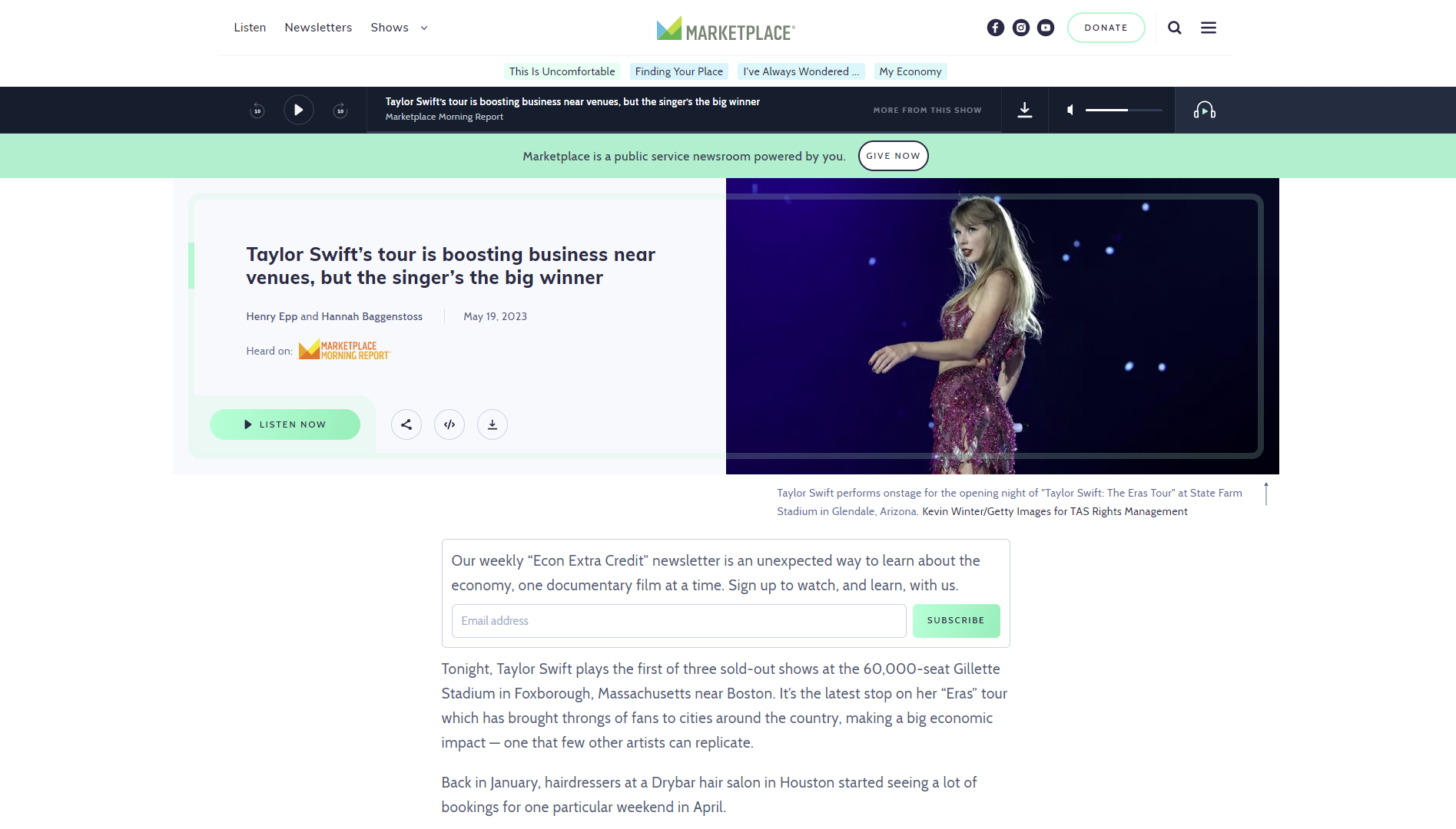 關於泰勒·斯威夫特的演唱會對當地企業的影響的文章截圖