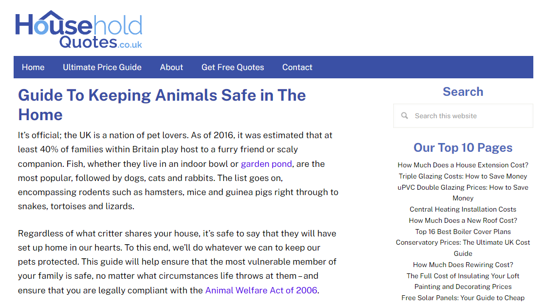 Household Quotes 網站上博客的屏幕截圖