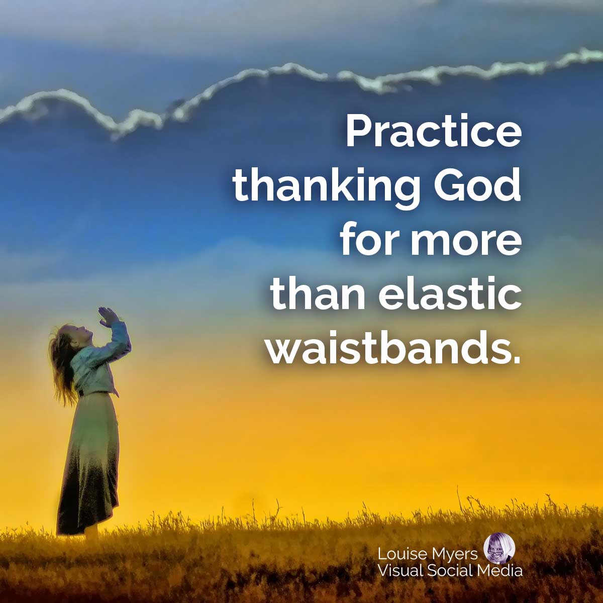 mulher louvando ao céu diz Prática agradecendo a Deus por mais do que cós elástico.