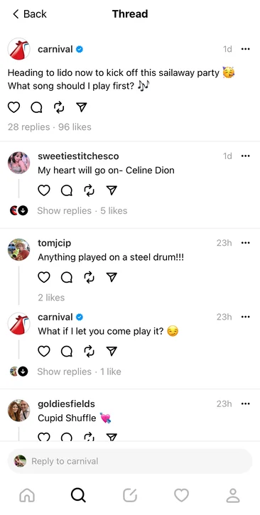 captură de ecran a contului Carnival Threads - exemplu conversațional