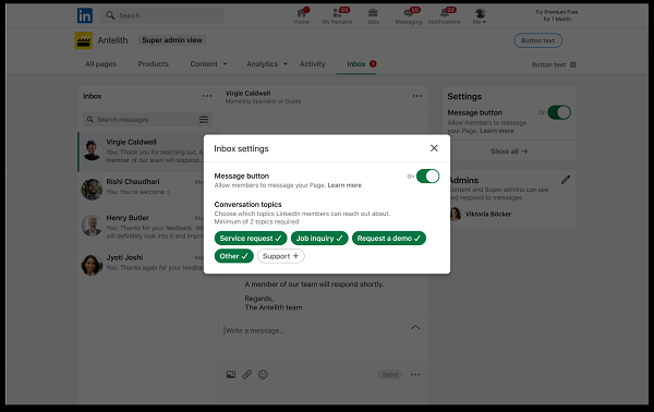 DM-uri pentru pagina de companie LinkedIn