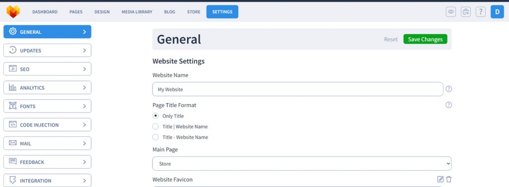 Pannello di amministrazione di MotoCMS - Sezione Impostazioni