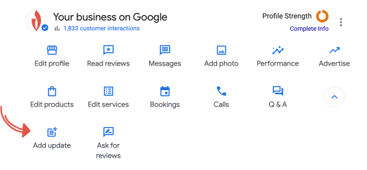 ภาพหน้าจอ: คลิก 'เพิ่มการอัปเดต' ในโปรไฟล์ธุรกิจของ Google เพื่อสร้าง Google โพสต์