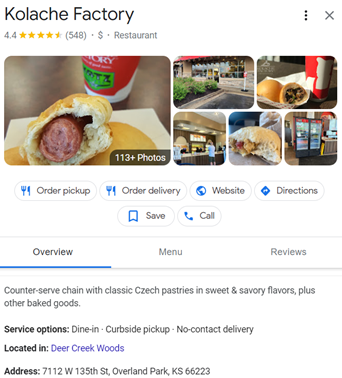 قائمة Google Business لمصنع Kolache في أوفرلاند بارك ، كانساس. خلفية بيضاء بحروف سوداء تتضمن صور kolaches ووصف المطعم وخيارات الخدمة والعنوان وما إلى ذلك.