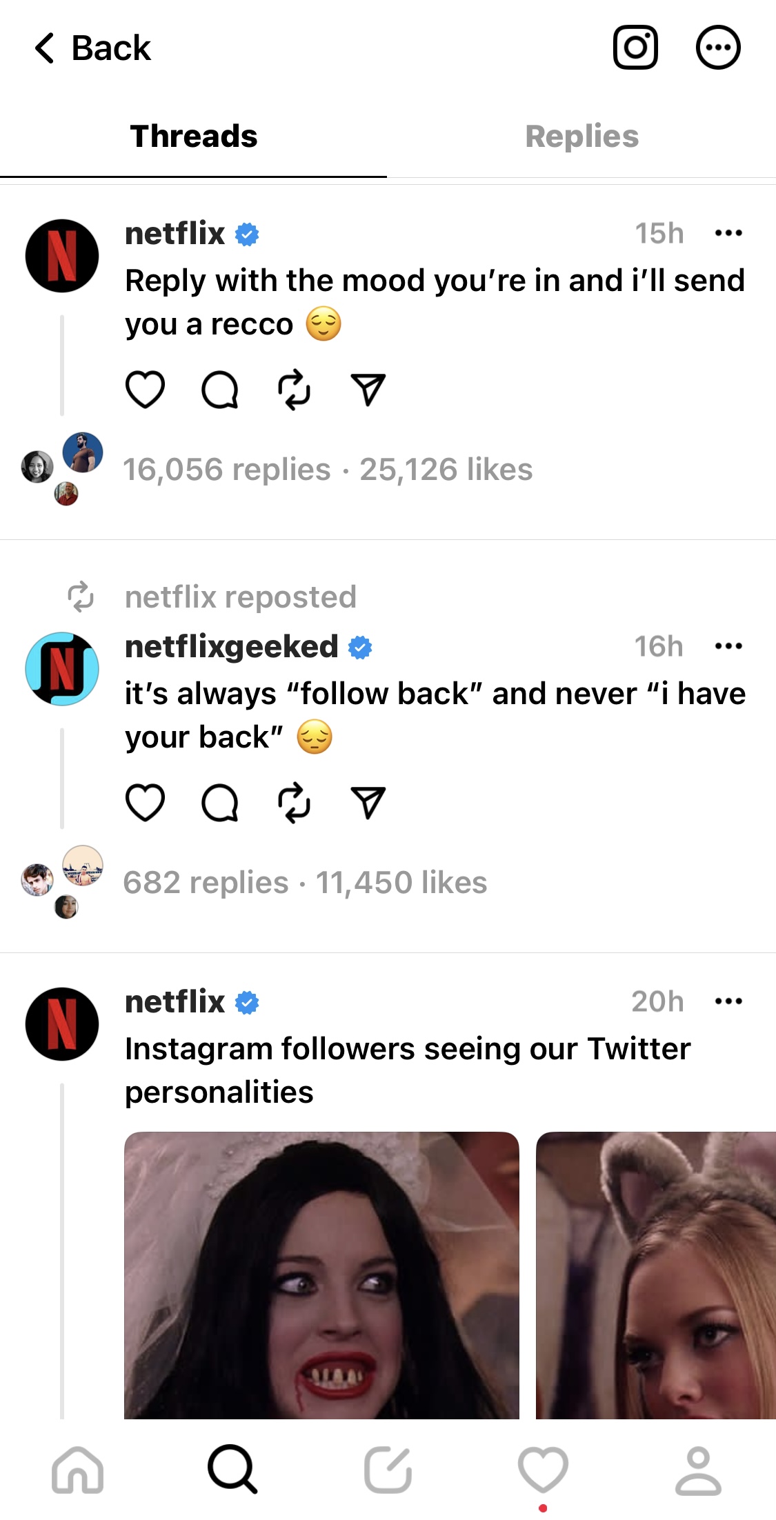 Captură de ecran a postărilor Netflix pe Threads