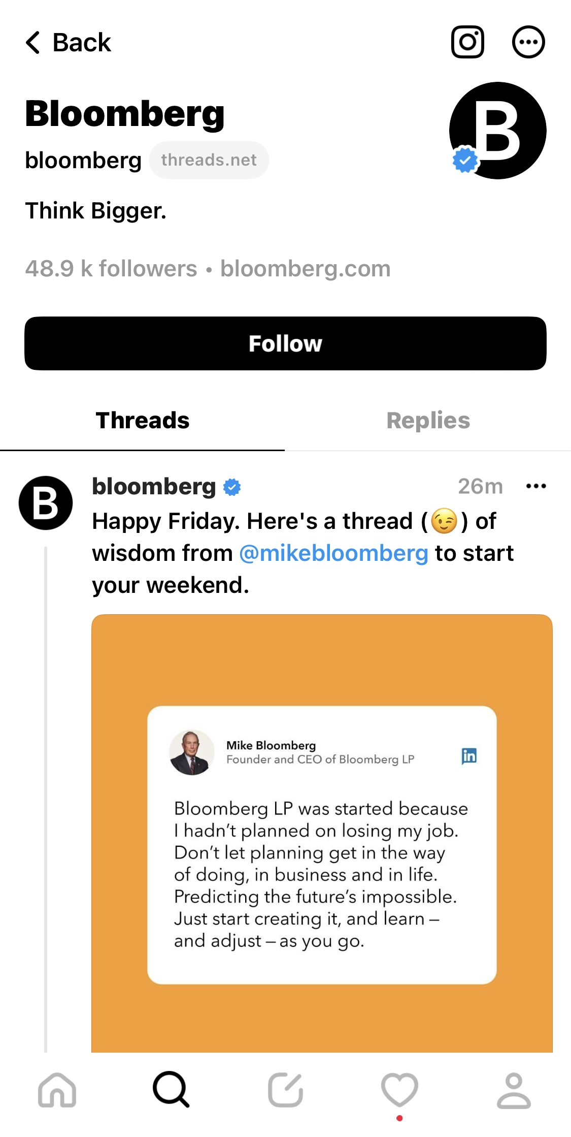 Captură de ecran a contului Bloomberg Threads