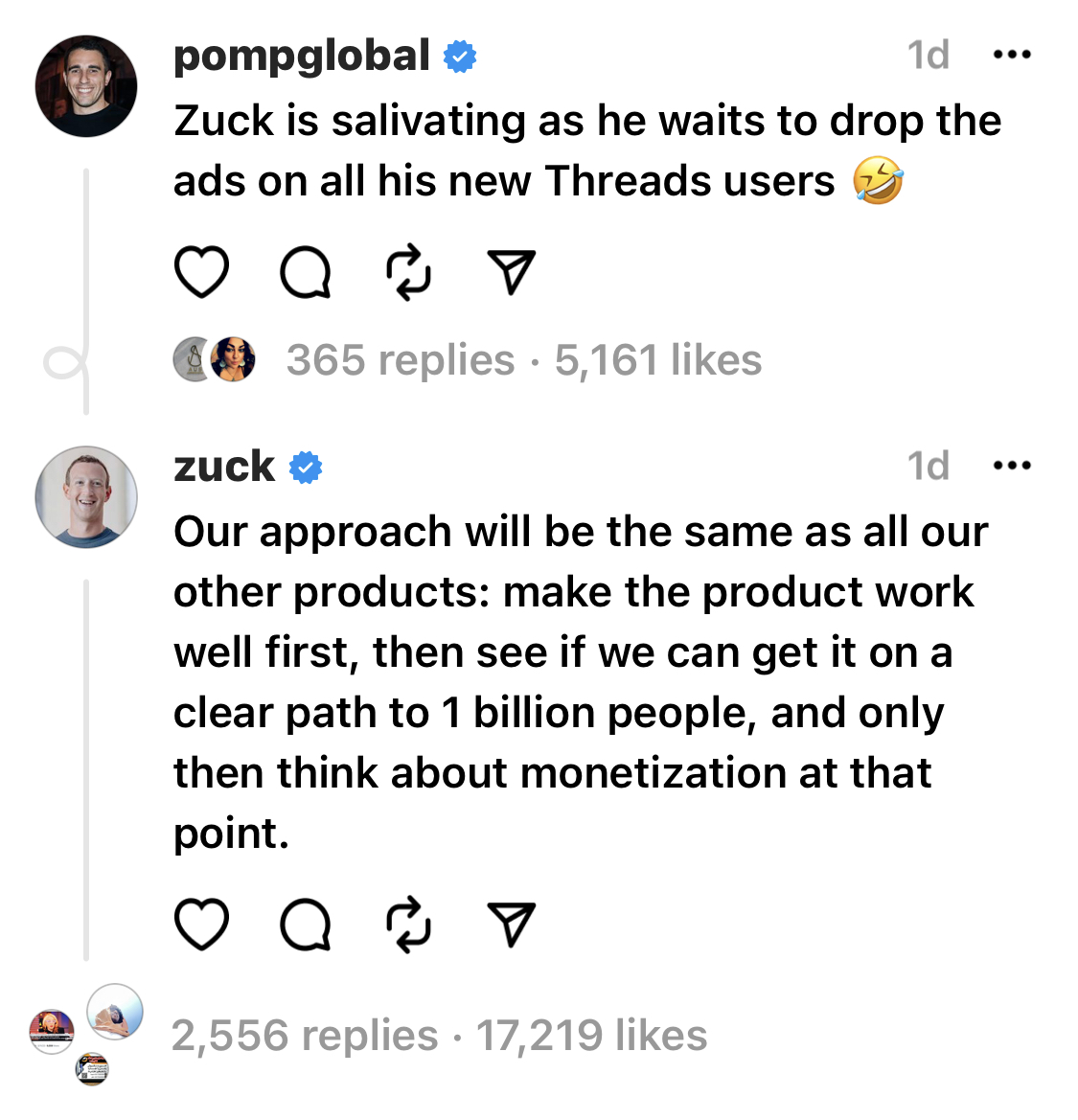 Captură de ecran cu Mark Zuckerberg care confirmă că Threads nu va difuza reclame până când nu va avea 1 miliard de utilizatori