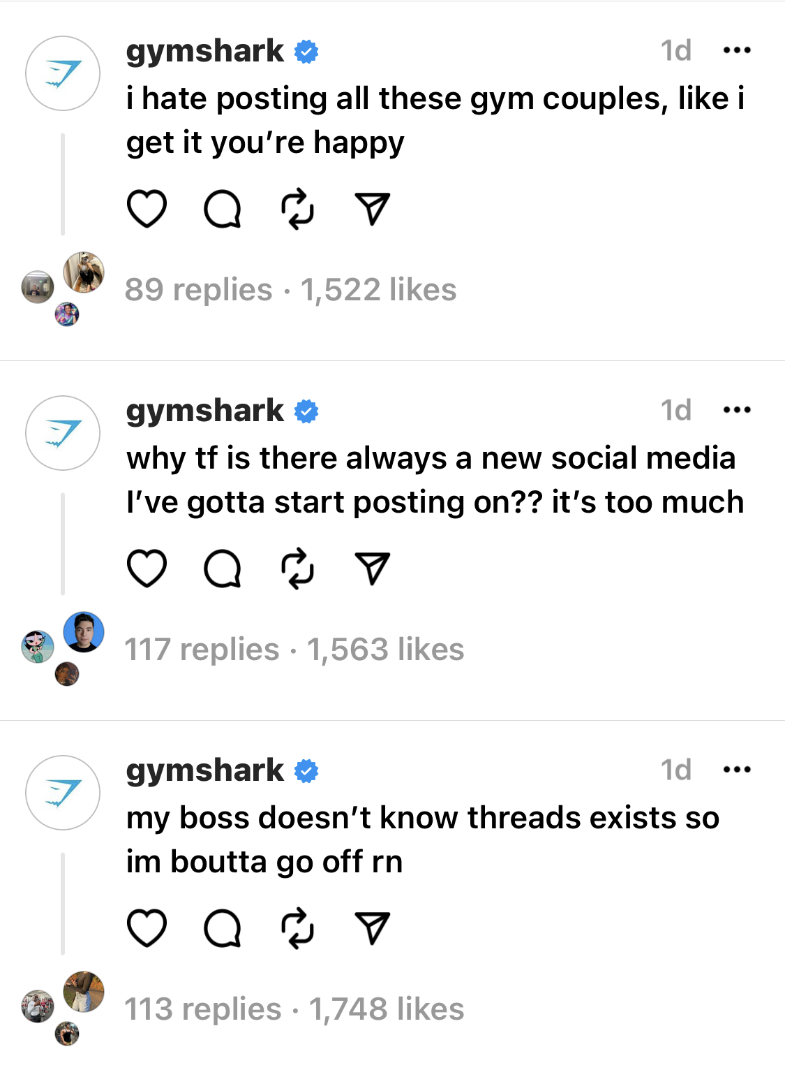 Captură de ecran a unor postări pe Threads de la Gymshark cu un ton puternic al vocii