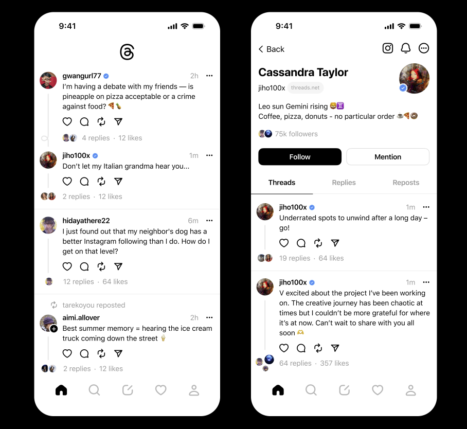 Captură de ecran a aplicației Threads