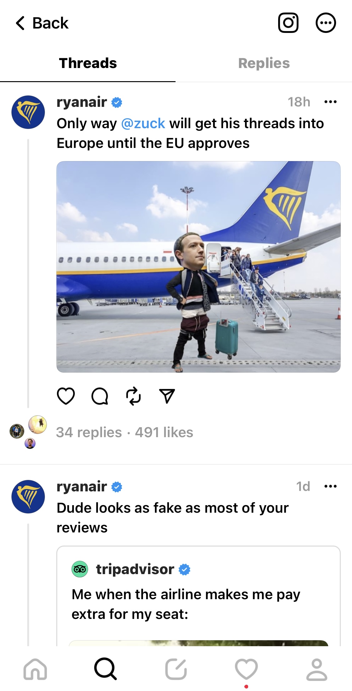 Captură de ecran a postărilor Ryanair pe Threads