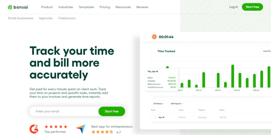 Zrzut ekranu oprogramowania Bonsai do śledzenia czasu pracy