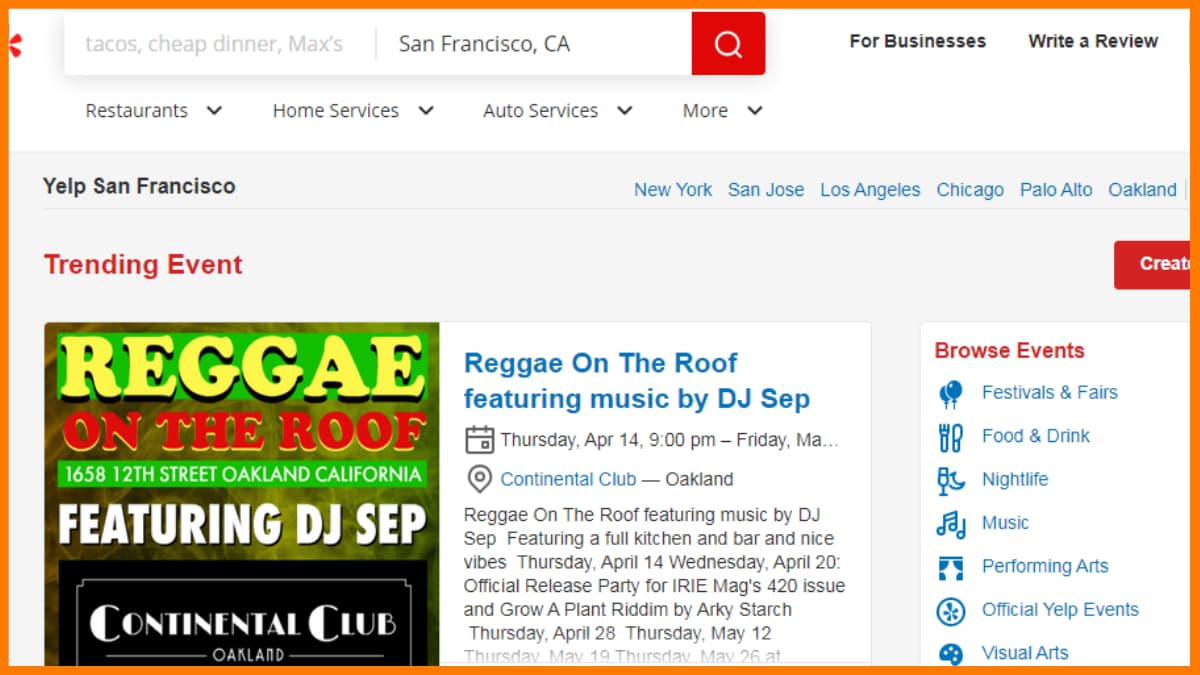 Yelp - イベントリストプラットフォーム