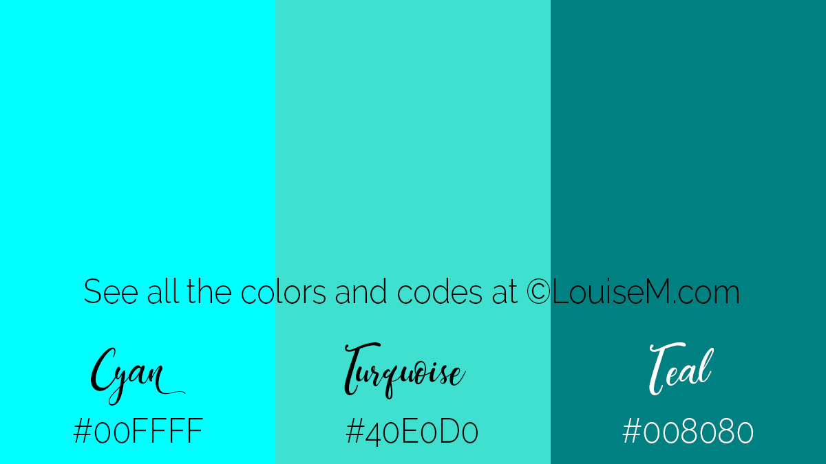 3 échantillons de couleurs avec des noms et des codes hexadécimaux montrent que le cyan est plus proche du turquoise que du bleu sarcelle.