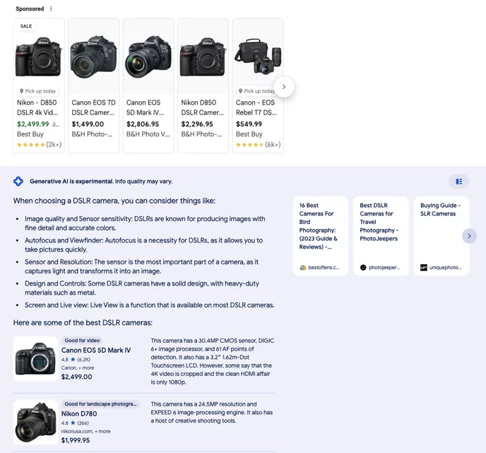Screenshot di come i risultati di ricerca di Google mostrano annunci e prodotti nei risultati di Google AI