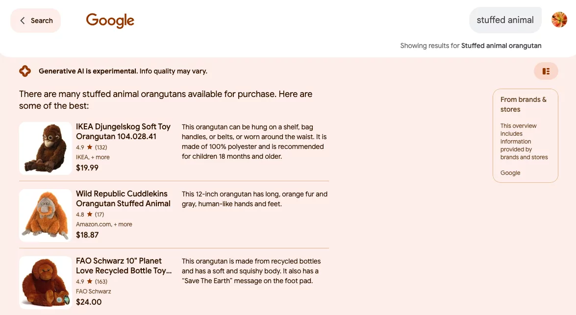 screenshot della domanda successiva "animale di pezza" con elenchi di oranghi imbalsamati