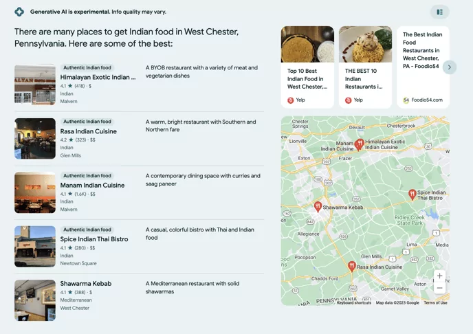 screenshot dei risultati locali in una ricerca su google ai