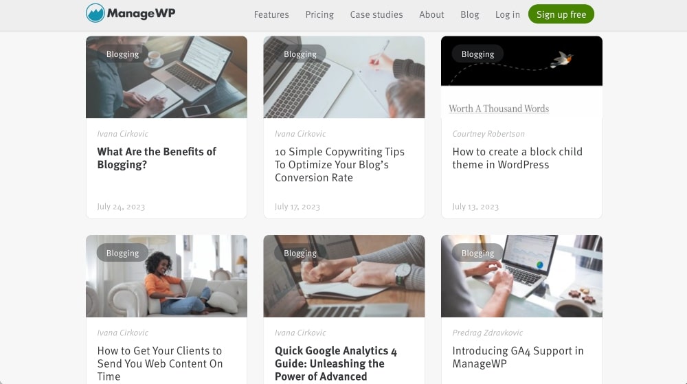 Screenshot des ManageWP-Blogs