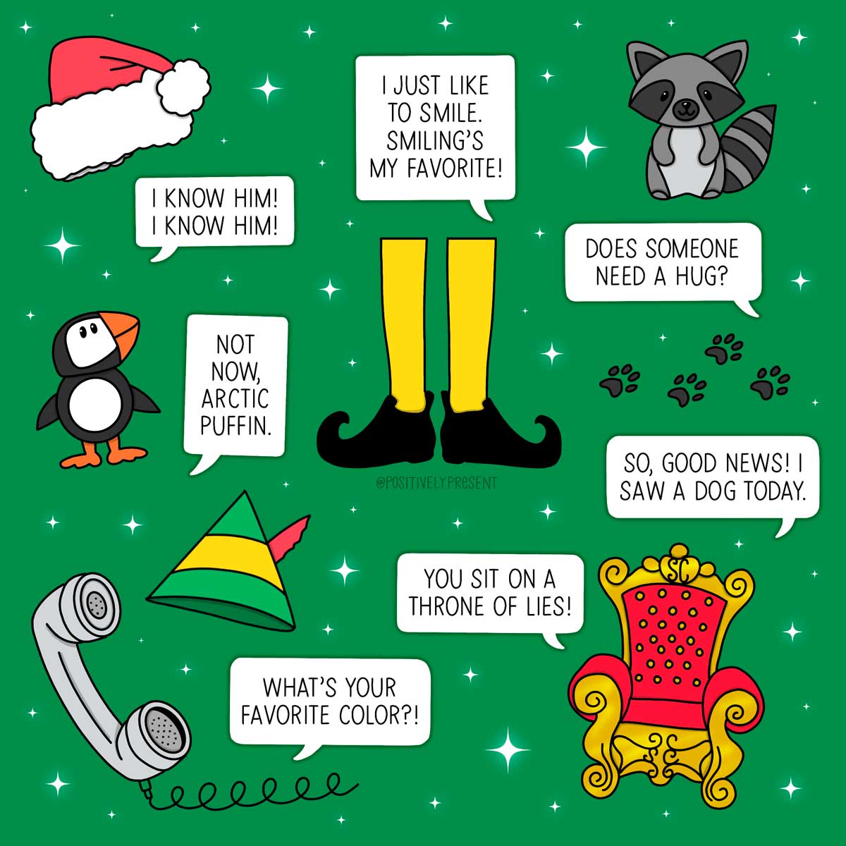 dessins mignons sur le vert avec plusieurs citations drôles d'elfe.