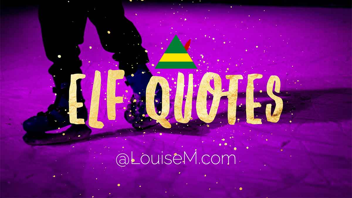 patins à glace sur glace violette avec chapeau d'elfe et mots Elf Quotes.