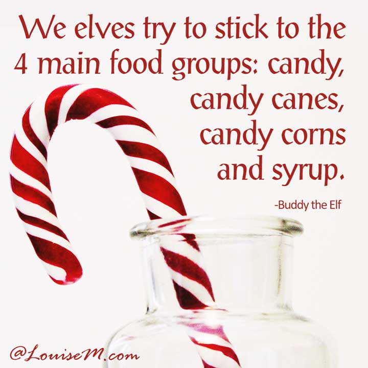 la citation de l'image dit Nous, les elfes, essayons de nous en tenir aux quatre principaux groupes d'aliments : les bonbons, les cannes de bonbon, les bonbons au maïs et le sirop.