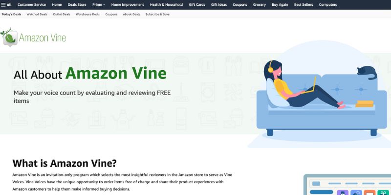 captură de ecran a paginii de pornire Amazon Vin