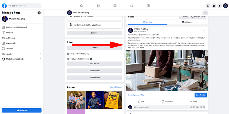 Создание сообщения на странице тестового блога MWQHJ