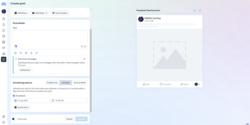 Скриншот планировщика сообщений Facebook