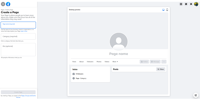 Создать страницу на Facebook