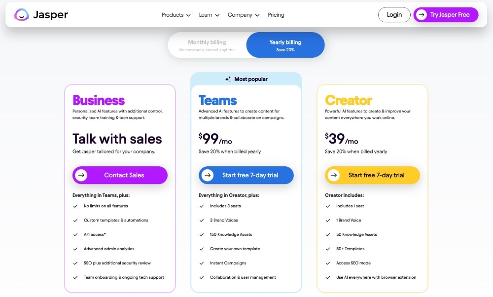 Screenshot der Jasper AI-Preispläne