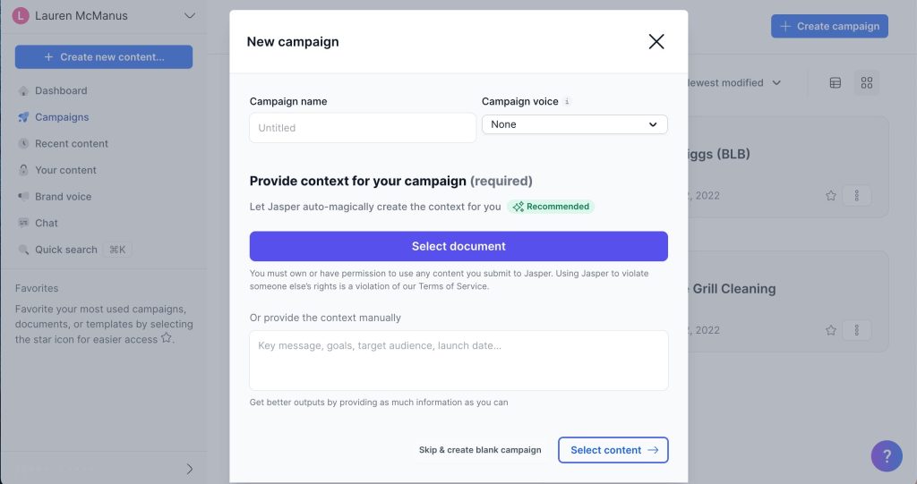 Screenshot der Jasper AI-Kampagnenfunktion
