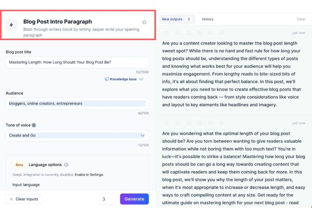 Einführungsabsatz zum Jasper AI-Blogbeitrag aus dem Screenshot der Vorlage
