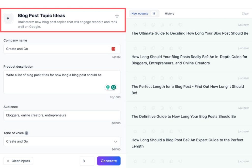 Screenshot mit Themenideen für Jasper AI-Blogbeiträge