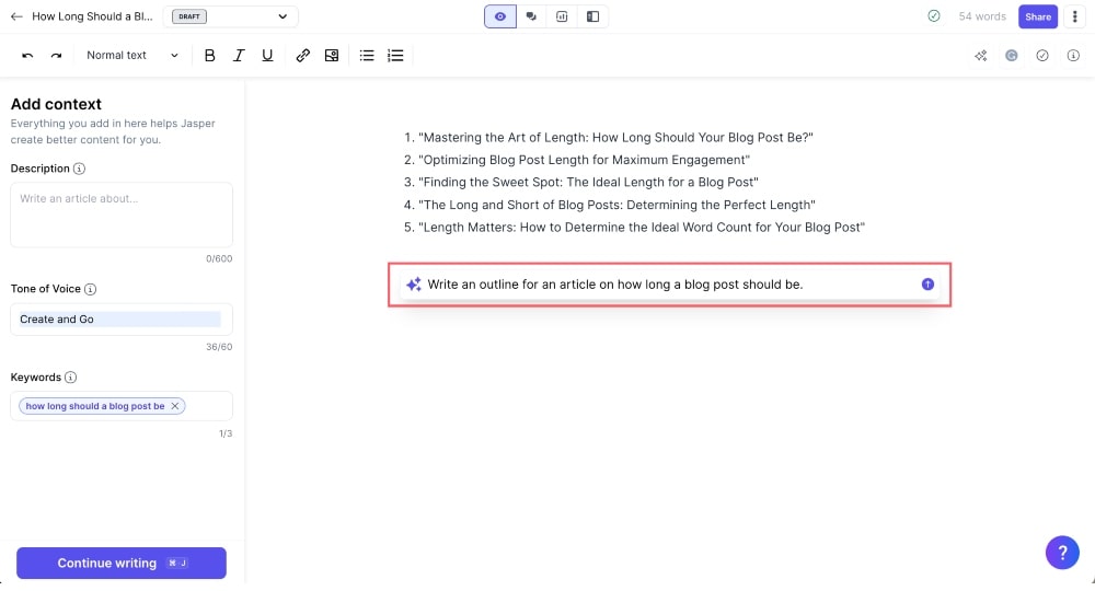Screenshot der Eingabeaufforderung für die Gliederung des Jasper AI-Dokuments