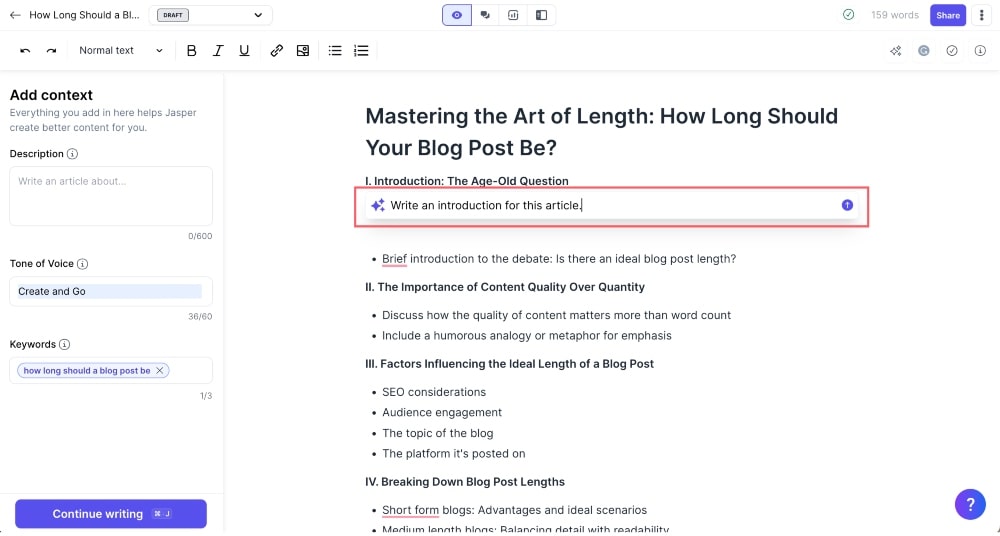 Screenshot der Jasper AI-Schreibaufforderung in Dokumenten