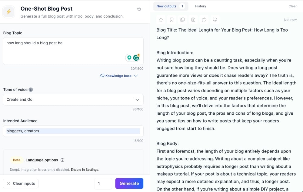 Screenshot der One-Shot-Blogpost-Funktion von Jasper AI