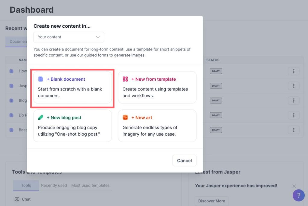 Screenshot des neuen leeren Dokuments im Jasper AI-Blog