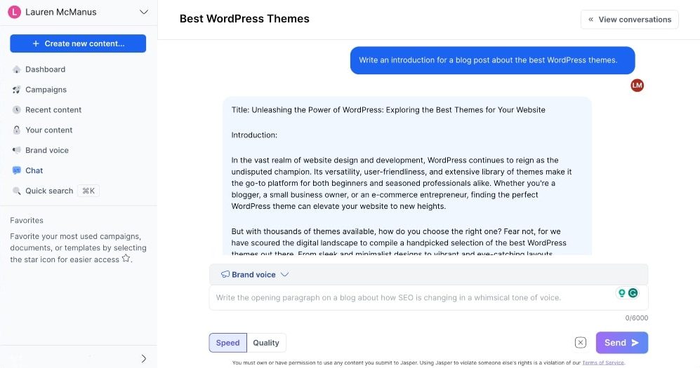 Screenshot der Jasper AI-Chat-Funktion