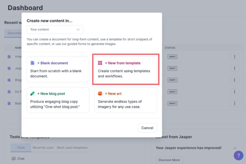 Screenshot des neuen Inhalts von Jasper AI