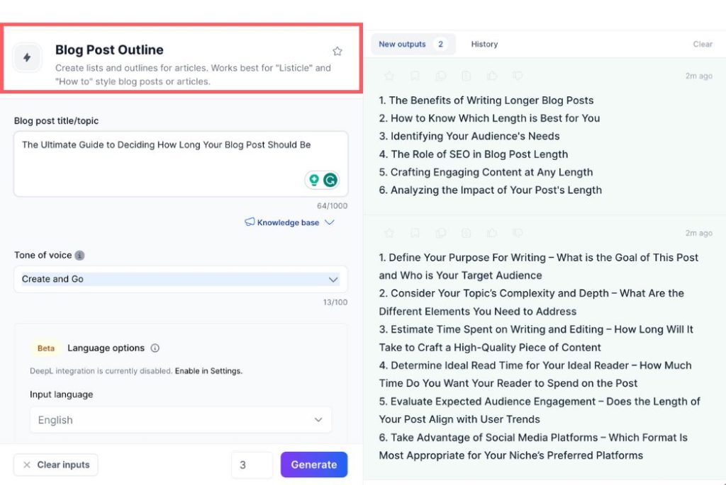 Screenshot der Gliederung des Jasper AI-Blogposts aus der Vorlage