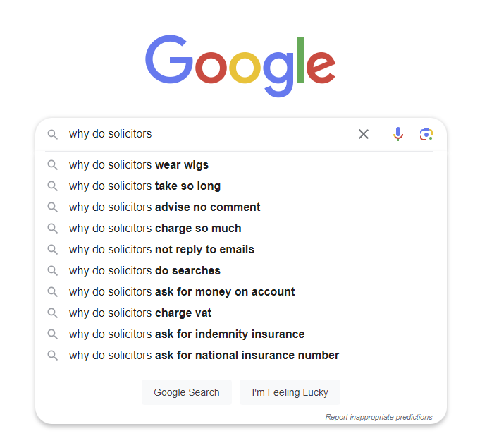 Скриншот результатов автозаполнения Google по запросу «Почему адвокаты…»