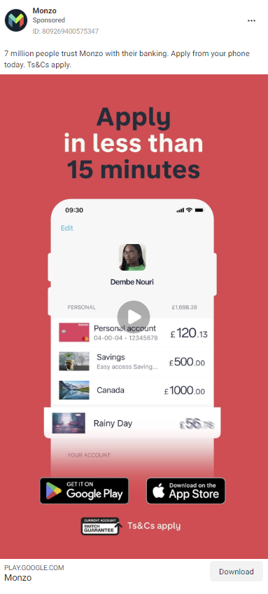 Скриншот рекламы Monzo из Facebook