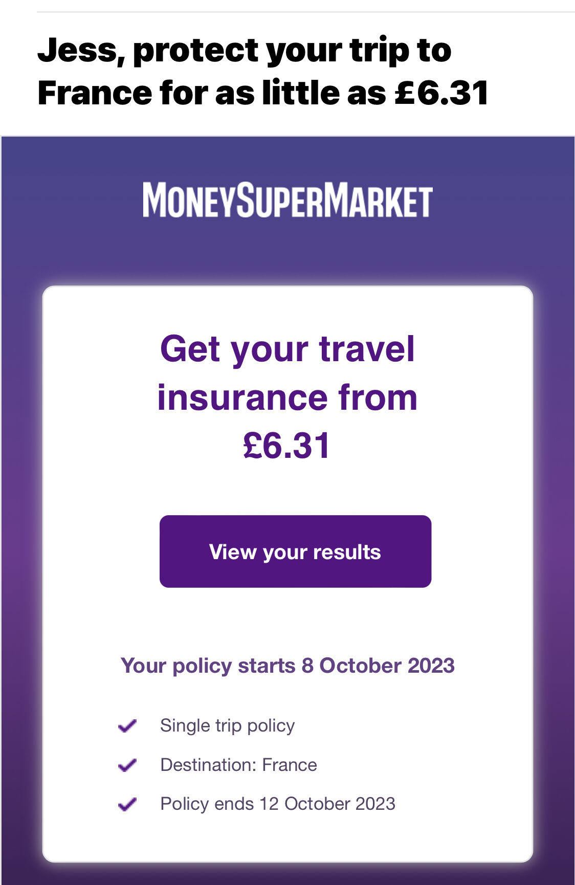 Скриншот следующего письма от Moneysupermarket