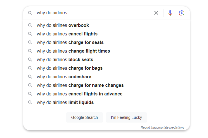 Скриншот ответов автозаполнения Google на вопрос "почему авиакомпании..."