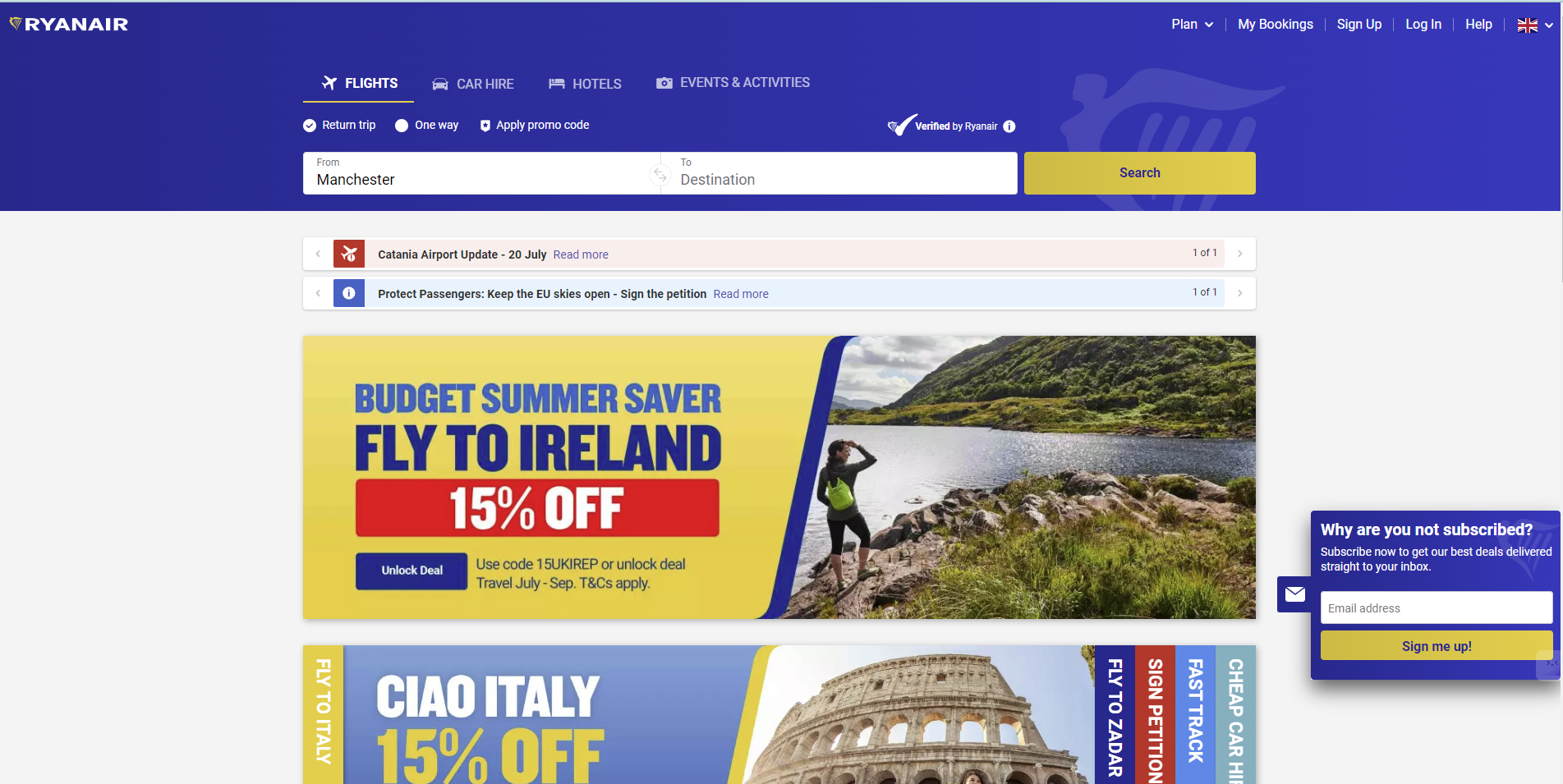 Скриншот домашней страницы Ryanair