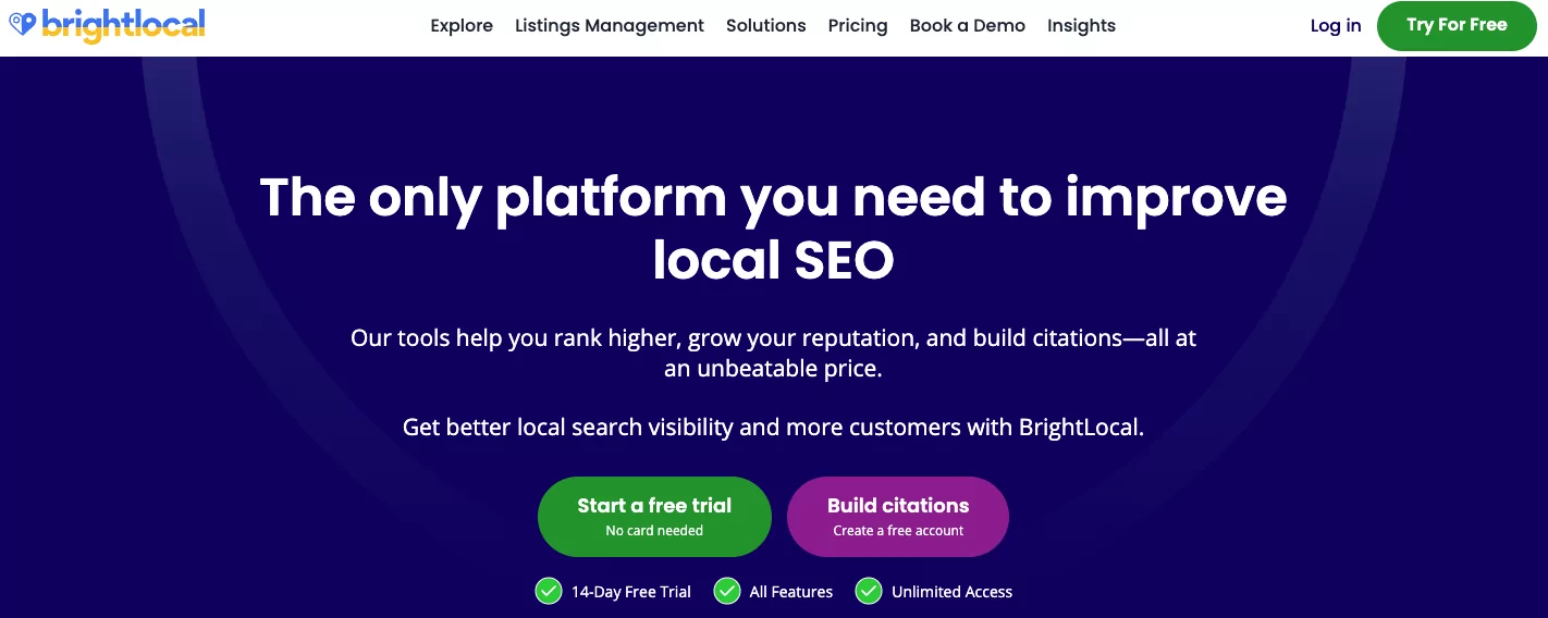 O imagine care detaliază BrightLocal, un instrument de îmbunătățire a SEO local