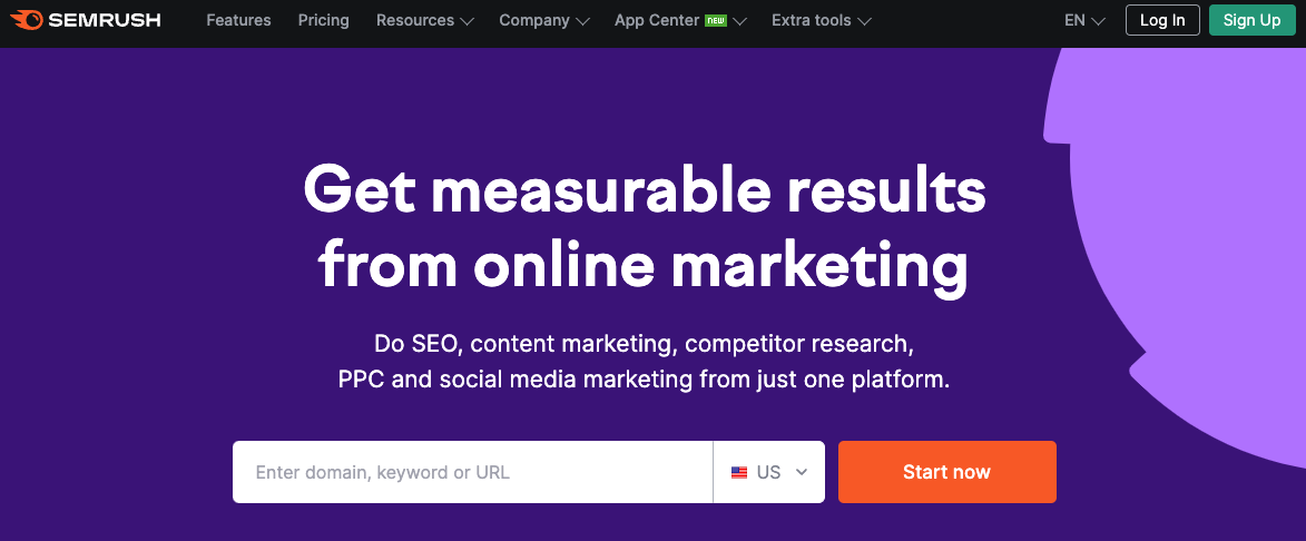 O imagine a paginii de înscriere Semrush, un instrument SEO local