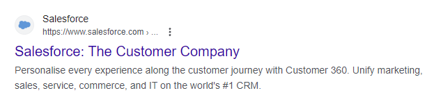 Capture d'écran de Salesforce dans la page de résultats du moteur de recherche