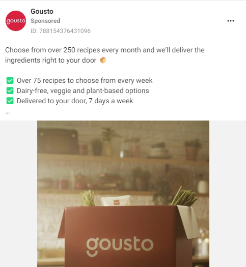 Capture d'écran d'une publicité Gousto sur Facebook