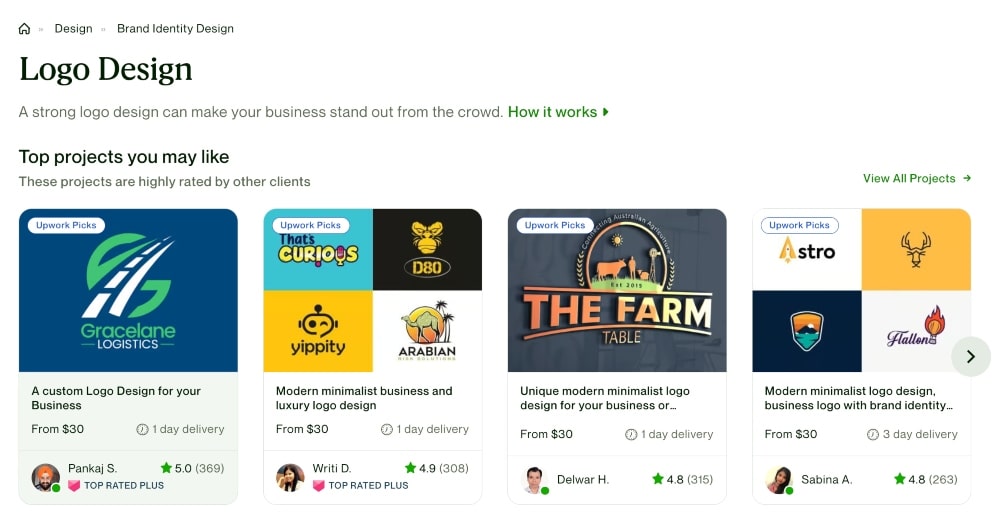 captura de pantalla de proyectos Upwork para diseño gráfico